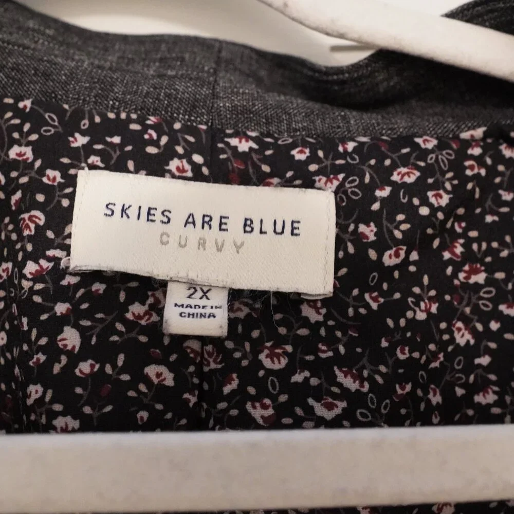 Skies Are Blue Curvy Open Front Blazer 2X Charcoal Ruched Sleeve Floral Lined - Picture 2 of 4